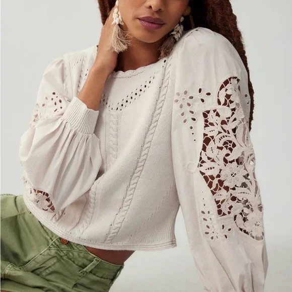 NWoT By Anthropologie Cutwork Puff-Sleeve Sweater women color pearl size Small - Picture 5 of 16